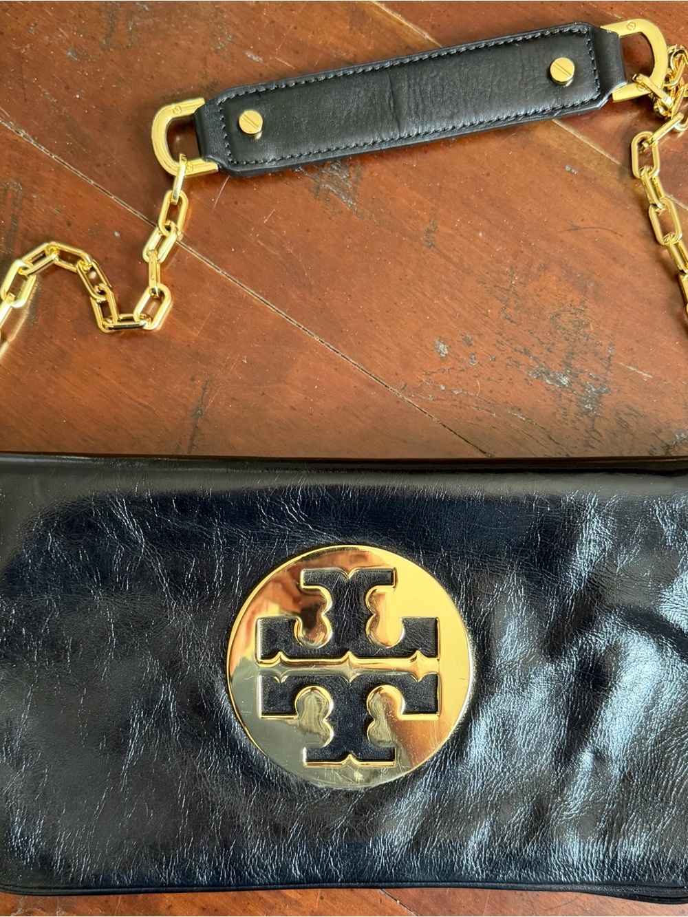 Tory Burch Black Patent Leather Clutch with Gold Logo Chain